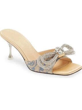 Mach & Mach Double Bow Floral Embroidered Square Toe Sandal